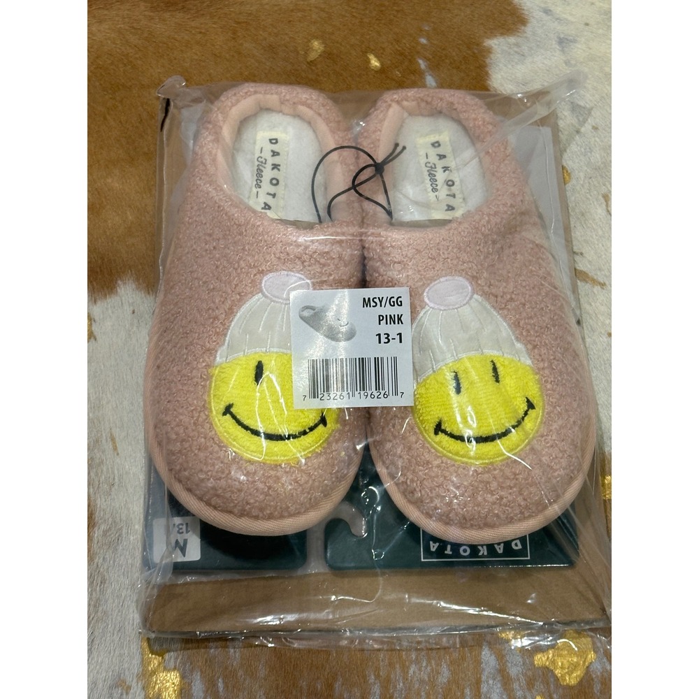 Dakota Fleece Girls‎ Pink Smiley Face Beanie Slippers House Shoes Size 13-1 NEW